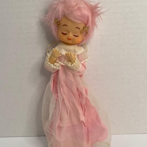 Vintage Pink Hair Angel Japan Tulle Wings Pixie Fairy Sleepy Eyes 9” RARE FIND
