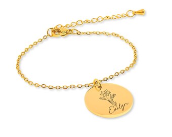 Pulsera de flores de nacimiento personalizada con grabado personalizado - Joyería con nombre y mensaje en plata, oro, oro rosa - Regalo único para ella