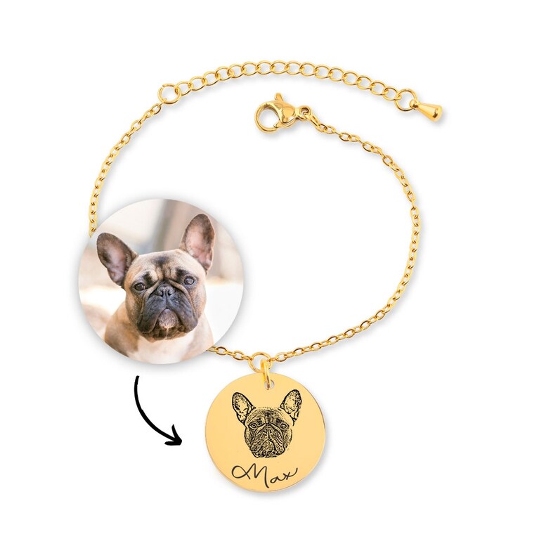 Pulsera personalizada con foto de mascota Joyería conmemorativa personalizada para mascotas con nombre y mensaje grabados Regalo único para amantes de perros, gatos y dueños de mascotas imagen 1