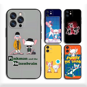May include: A collection of phone cases featuring cartoon characters. Designs include Pinkman and the Heisenbrain, Pinky and the Brain, and other related graphics. Cases are in various colors, including gray, yellow, orange, black, and blue.