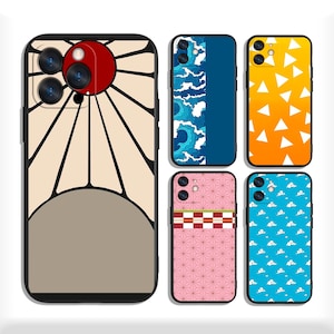 May include: Five smartphone cases featuring distinct graphic patterns: one with a red sun and black rays on beige, one with blue waves, one with yellow triangles, one with a pink geometric grid and red stripe, and one with white clouds on blue.