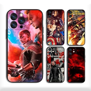 May include: Collection of phone cases featuring characters from the Marvel Cinematic Universe. The cases showcase images of Captain America, Falcon, Winter Soldier, and other heroes. The cases have a black border and a glossy finish.