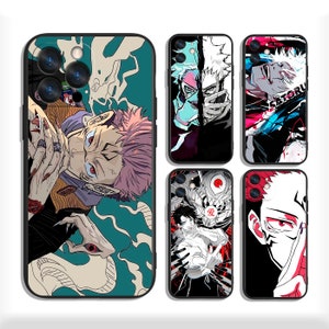 Op de afbeelding: Set van vier telefoonhoesjes met anime-personages met kleurrijke ontwerpen. De hoesjes zijn zwart met een transparante achtergrond en tonen verschillende personages uit de anime-serie.
