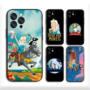 May include: A selection of phone cases with cartoon illustrations. Designs include a character riding a horse, a character holding a beer mug with the text "I'M NOT YOUR PRINCESS", and other cartoon scenes.
