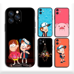 May include: A collection of black phone cases featuring cartoon characters from the animated series Gravity Falls. The cases display images of the characters Dipper, Mabel, and other characters on various colored backgrounds.