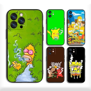 May include: A selection of phone cases with cartoon character designs. The cases feature Homer Simpson smoking, Pikachu with smoke, The Simpsons family, two cartoon figures, and SpongeBob SquarePants with smoke.