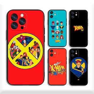May include: A collection of phone cases featuring X-Men comic book art. The cases are red, teal, and black, with various character illustrations and the X-Men logo. The cases are designed for a smartphone.