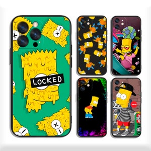 May include: Five different phone cases featuring various illustrations of the cartoon character Bart Simpson. The cases are black with a variety of colourful designs. One case features a melting Bart Simpson with the word "LOCKED" across his eyes. Another case features Bart Simpson skateboarding with a rainbow background.
