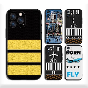 May include: A collection of phone cases with aviation-themed designs. One case features a black and yellow striped pattern. Other cases display cockpit interiors, runway markings, and airplane graphics with the text "BORN to FLY".