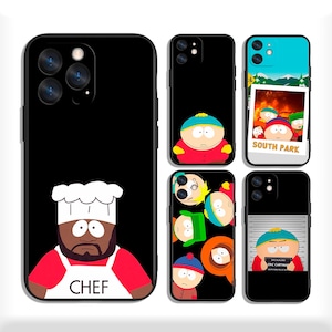 May include: A collection of black phone cases featuring cartoon characters from the animated series South Park. Designs include Chef, Cartman's mugshot, and other characters. The cases have a glossy finish.