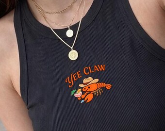 Camiseta sin mangas con bordado de pinza de langosta, top playero de canalé estilo vaquero costero, camiseta divertida con bordado de langosta, verano para chicas, viaje a la costa de Amalfi
