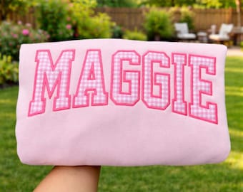 Sudadera personalizada con apliques de cuadros vichy bordados, sudadera con cuello redondo y nombre de equipo personalizado.