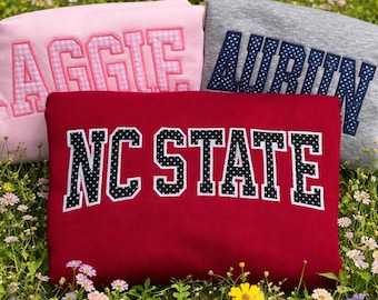 Sudadera con apliques universitarios personalizados, cuello redondo universitario con bordado de lunares, jersey con letras universitarias personalizadas, suéter con espíritu escolar