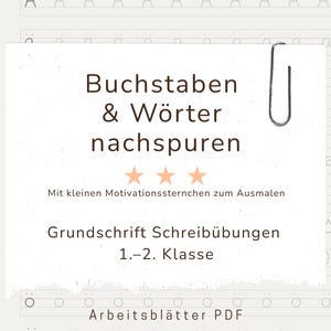 Könnte beinhalten: Ein Arbeitsblatt mit dem deutschen Text "Buchstaben & Wörter nachspuren" (Buchstaben & Wörter nachverfolgen). Das Arbeitsblatt enthält Schreibübungen für die 1.-2. Klasse, mit Sternen zum Ausmalen. Eine Büroklammer ist oben rechts angebracht.