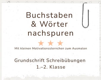 Letters en woorden overtrekken, hoofdletters en kleine letters A-Z met ster om in te kleuren, eenvoudige schrijfoefeningen, groep 1 en 2, werkbladen in PDF-formaat.