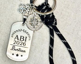 Abitur 2026 Abschlussklasse Schulabschluss Personalisierter Schlüsselanhänger Glücksbringer Kompass & Kleeblatt mit Name