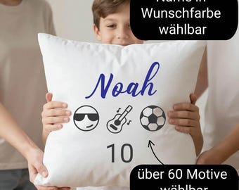 Personalisiertes Kissen mit Name, 60 wählbare Motive, Geburtstagsgeschenk für Mädchen & Jungen, Kinder 8–15 Jahre