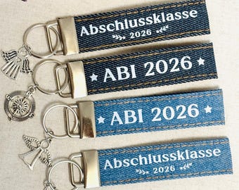 Abi 2026 Schlüsselanhänger aus Jeansstoff – Glücksbringer zum Abitur, Abschiedsgeschenk Schulabschluss