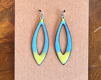 Bright Blue and Lime Green Enameled Copper Earrings