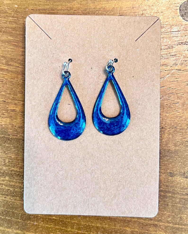 Marbled Deep Blue Enameled Copper Teardrop Earrings - Etsy