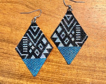 Black, White, & Blue Geometric Brick Stitch Earrings