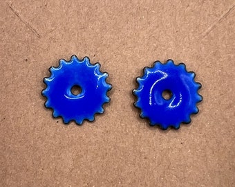 Bright Blue Gear Shaped Enameled Copper Earrings