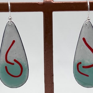 Light Teal, Red, & White Enameled Copper Teardrop Earrings