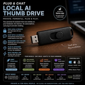 May include: A black USB thumb drive with a sliding mechanism and a metal connector. The image features text including 'PLUG & CHAT LOCAL AI THUMB DRIVE', '100% LOCAL & PRIVATE', 'CHAT WITH 4 AI MODELS', and a chart detailing RAM requirements for four AI models.
