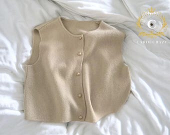 Women's Button Wool Vest | V-Neck Sleeveless Top | Solid Layering Cardigan