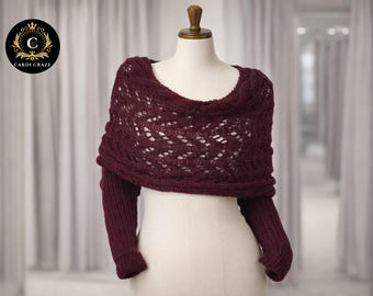 Chal de punto calado con mangas / Cubrehombros estilo boho acogedor, de poliéster.