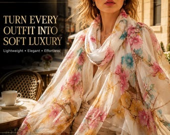 Lightweight Floral Chiffon Scarf for Women Soft Boho Shawl Wrap Elegant Sheer Head Scarf Summer Fashion Accessory