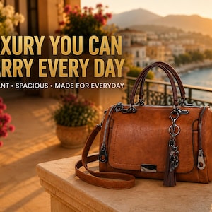 May include: A brown barrel-shaped handbag with two top handles and a detachable shoulder strap. The bag features dark metal hardware, side zippers, and a decorative tassel charm. Text on the image reads: LUXURY YOU CAN CARRY EVERY DAY.