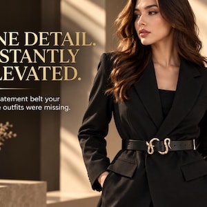 Könnte beinhalten: Ein schwarzer Ledergürtel mit einer goldfarbenen Metallschnalle in Form von zwei ineinander verschlungenen Schlangen. Der Gürtel wird über einem schwarzen Blazer getragen. Der Text auf dem Bild lautet: ONE DETAIL. INSTANTLY ELEVATED. The statement belt your simple outfits were missing.