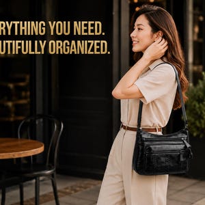 Puede incluir: Un bolso bandolera negro con múltiples compartimentos con cremallera y una correa larga para el hombro. El bolso presenta un acabado texturizado y herrajes plateados. El texto "EVERYTHING YOU NEED. BEAUTIFULLY ORGANIZED." aparece en letras doradas.