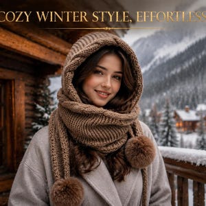 May include: A brown knitted hooded scarf featuring a ribbed texture and two large pom-poms at the ends. The text COZY WINTER STYLE, EFFORTLESSLY is displayed at the top. The scarf is worn over a light grey coat against a snowy mountain backdrop.