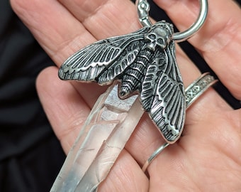 Raw Clear Quartz Point Necklace with Death’s Head Moth Charm – Statement Pendant Jewelry (2)