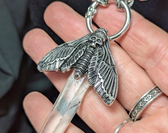 Raw Clear Quartz Point Necklace with Death’s Head Moth Charm – Stainless Steel Chain (1)
