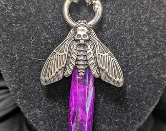 Purple Raw Point Necklace with Death’s Head Hawk Moth – Stainless Steel Chunky Chain