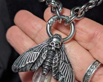 Iridescent Crystal Point Necklace with Death’s Head Moth Charm – Stainless Steel Chain (4)