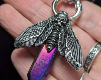 Raw Petrol Crystal Point Necklace with Moth Charm – Chunky Stainless Steel Chain 3