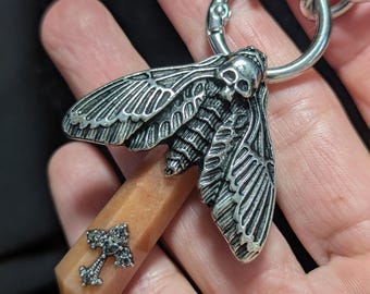 Peach Aventurine Point Necklace with Deaths Head Hawk Moth & Cross – Stainless Steel Chunky Chain