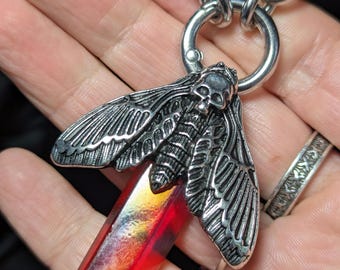 Red Raw Crystal Point Necklace with Death’s Head Hawk Moth – Stainless Steel Chunky Chain
