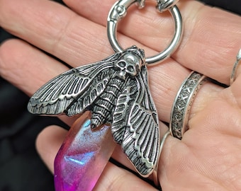 Pink Yellow Raw Point Necklace – Death’s Head Hawk Moth Charm, Stainless Steel Chain