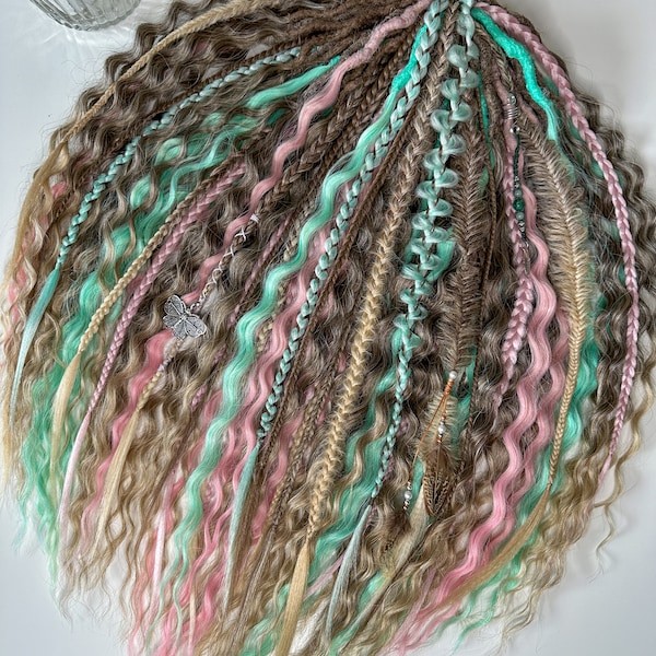 Curly blonde dreads with mix color braids teal mint dreadlocks double ended or single ended light pink wavy dreads synthetic hair extensions