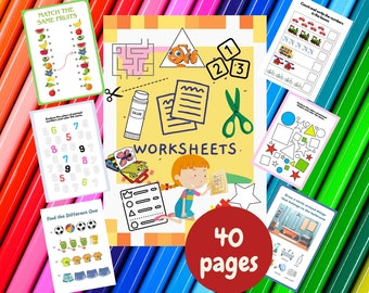 40 Pages Kids Activity Sheets, Printable Kids Activity Book, Toddler Activity, Prints for Kids, Toddler Worksheet Workbook, Instant Download