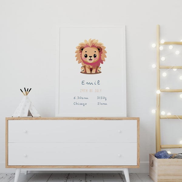 Personalisiertes Löwe Sternzeichen Poster | Baby Geschenk | Geburtsposter | Kinderzimmer Deko | Löwe Baby | Digitaler Download