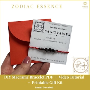 May include: A red macramé bracelet with dark garnet beads attached to a white card featuring the text Zodiac Essence Sagittarius, Garnet, Passion, Determination, Purpose, and Made by Hand, Given with Love, alongside a red envelope.