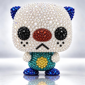 May include: A stylized character figurine covered in small, reflective crystals. The head is white with blue ears, black eyes, and a red nose. The body is teal with a yellow circular emblem on the chest and blue feet. The entire surface is textured.