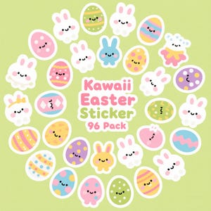 Adorable paquete de pegatinas kawaii de conejito y huevo de Pascua: 96 unidades para divertirse en las fiestas.