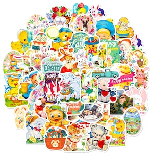 50pcs Vintage Easter Bunny and Egg Stickers - Handcrafted Spring Decor, Easter Basket Stuffers, Scrapbooking & Gift Tags